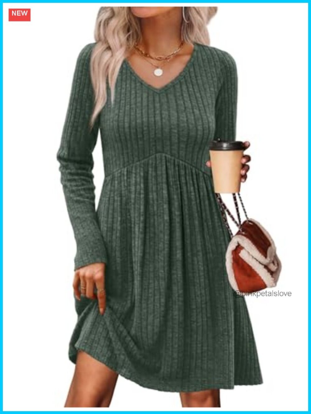 Long Sleeve Sweater Dress V Neck Empire Waist Babydoll Tunic with Pockets